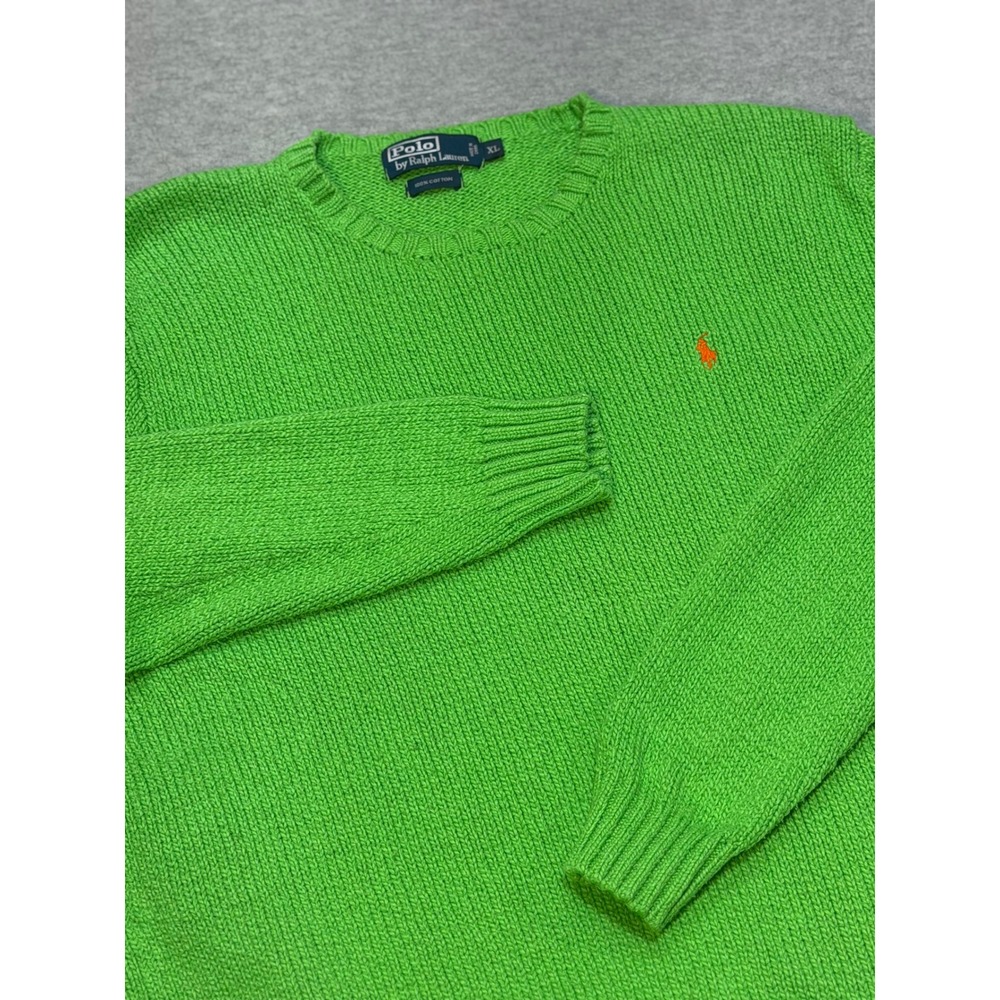 Polo Ralph Lauren Sweater Men XL Lime Green Heavy Knit CrewNeck Rib VTG Y2K